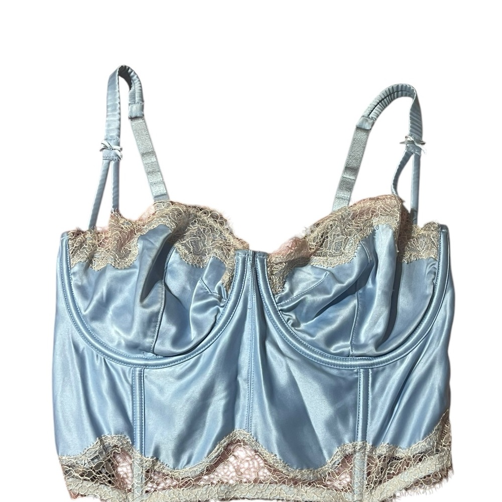 Elegant Blue Lace Trim Satin Bralette